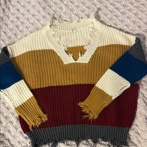 Entro Multicolor Frayed V-Neck Sweater